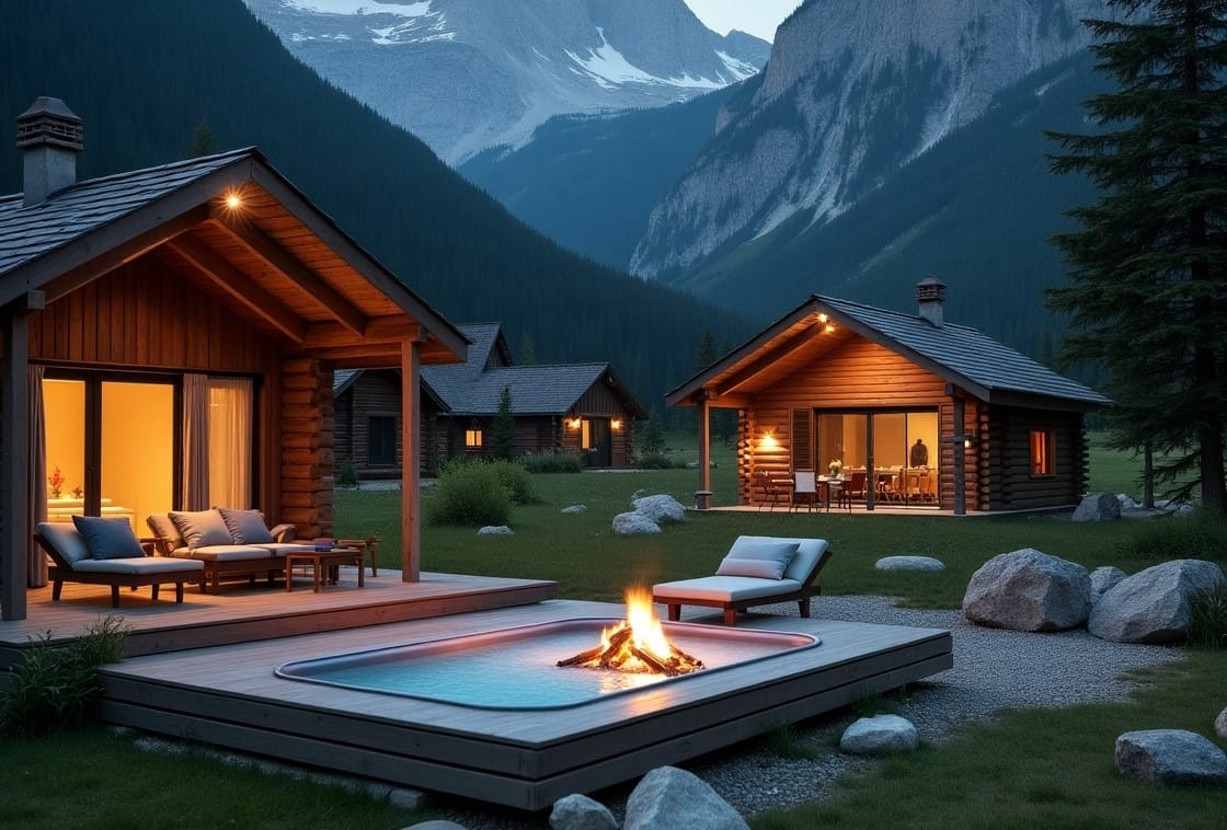 Mountains and forests with two cabins